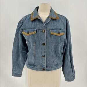 Vintage Kolorway 90s Jean Jacket Womens Medium Blue Denim Floral Tapestry Button
